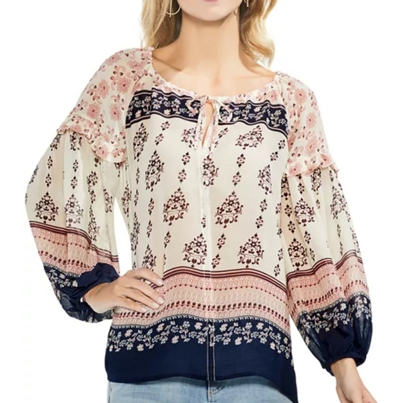 Vince Camuto Tops - Vince Camuto Beige Cream Boho Paisley Semi Sheer Tie V-Neck Blouse SZ M